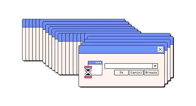 Vector dialog windows, error on crashed froze computer. 00s retro virus, problem, bug with repeated endless popups, system notifications. flat graphic vector illustration isolated on white background.