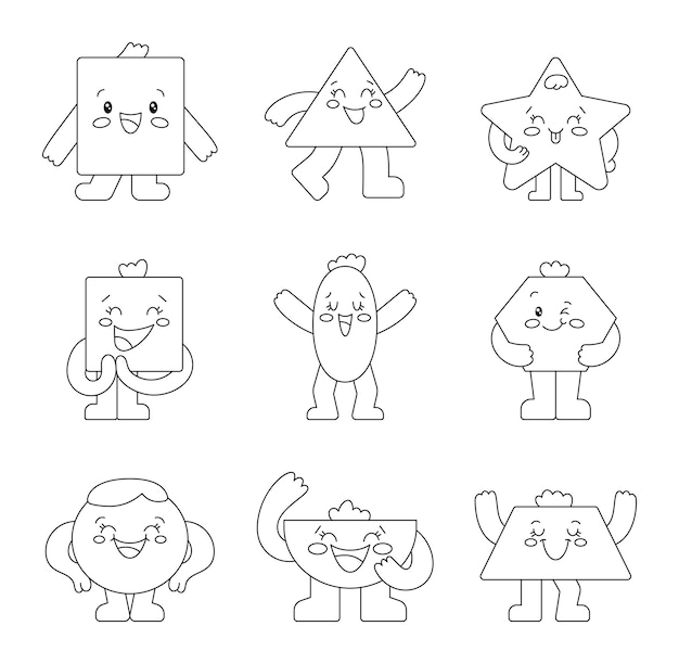 Vector different basic geometric figures characters coloring page