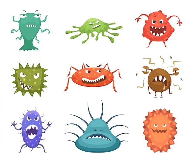 Vector different cartoon viruses mascots and flu microbes. vector characters design set