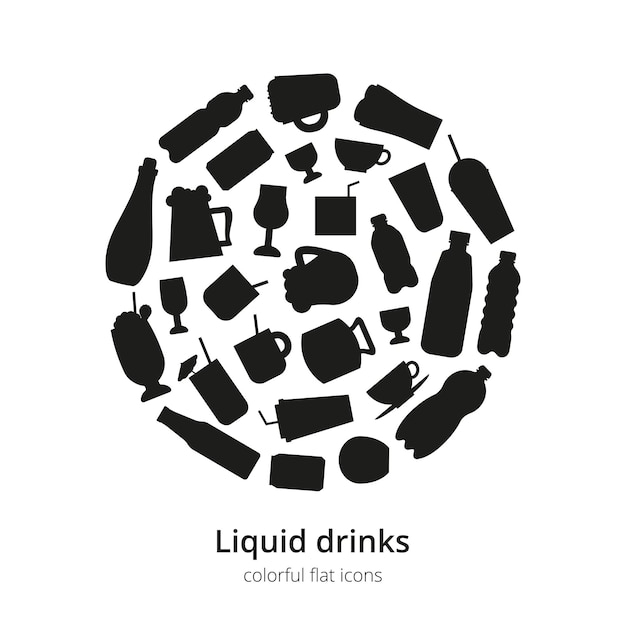 Vector different flat liquid drinks in circle