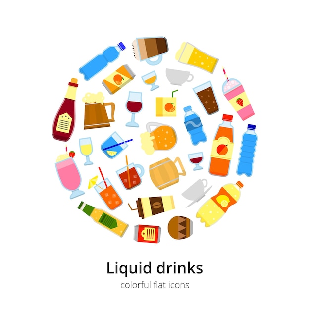 Vector different flat liquid drinks in circle