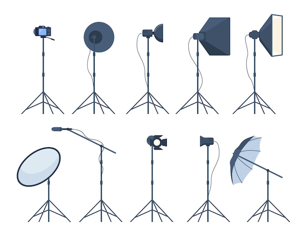 Vector different types of professional lighting equipment for blogging vlogging