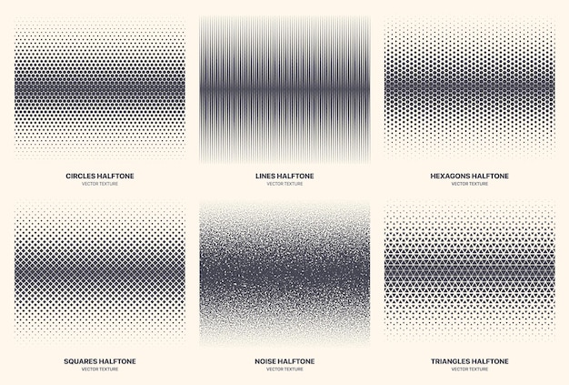 Vector different variations halftone texture set abstract geometric border isolated on background. modern various half tone patterns textures collection circles lines noise squares hexagons triangles