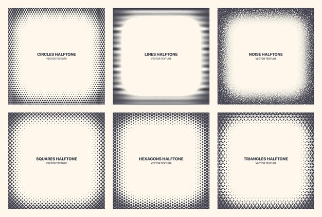 Vector different variations halftone texture set abstract geometric patterns isolated on background. various half tone frame textures collection circles lines noise squares hexagons triangles