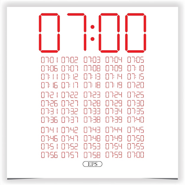 Vector digital clock closeup displaying 7 o'clock red digital clock number set electronic figures premium vector