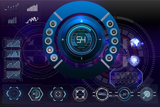 Vector digital dashboard displaying data visualization and navigation indicators with futuristic design elements