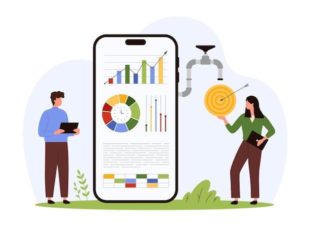 Vector digital data analysis financial report assessment in mobile app for tiny people