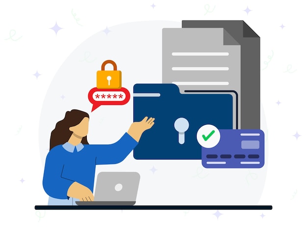 Vector digital data protection concept a woman using laptop to explaining secured password