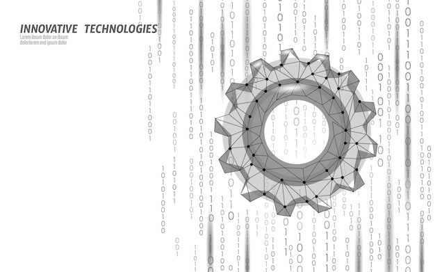 Vector digital gear with binary code overlay low poly network mechanics concept art engineering technology