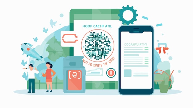 Vector digital health passport with qr code on mobile phone screen