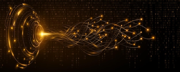 Vector digital hud circle with glowing neural connectors into cyberspace flowing binary code neural network in web space big data ai visualization vector illustration