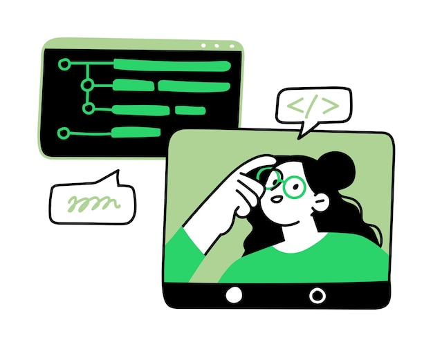 Vector digital illustration portraying a woman coding on a computer symbolizing programming and development