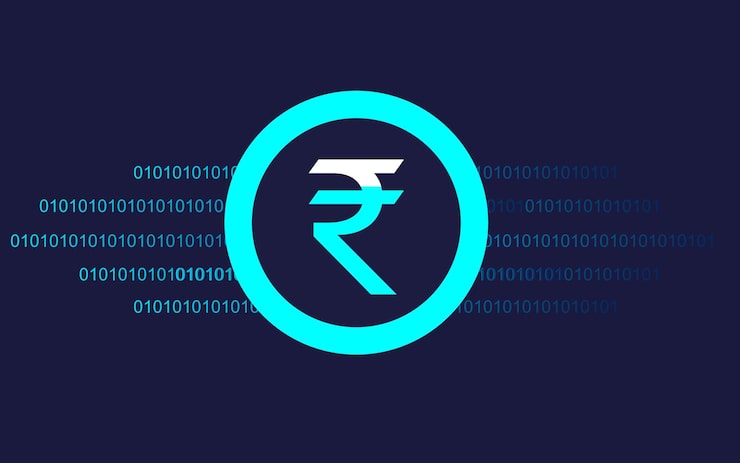 Digital Indian currency rupee with new technology algorithm with one and zero binary code digit.