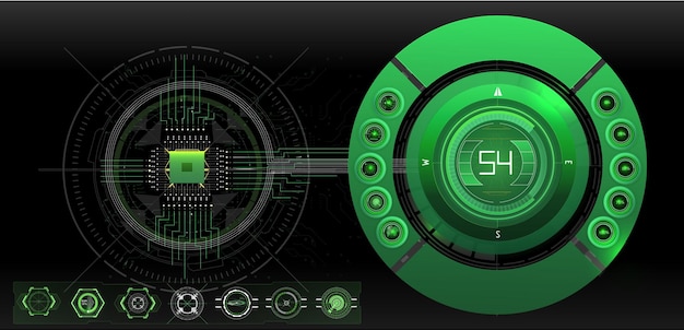 Vector digital interface showcases green visuals and data metrics emphasizing a modern tech theme the design is intricate featuring various circular elements and numeric displays