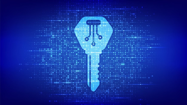 Vector digital key. electronic key icon made with binary code. cyber security and access background. digital binary data and streaming digital code. matrix background with digits 1.0. vector illustration.