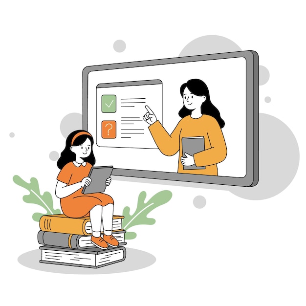 Vector digital learning scene with cartoon characters