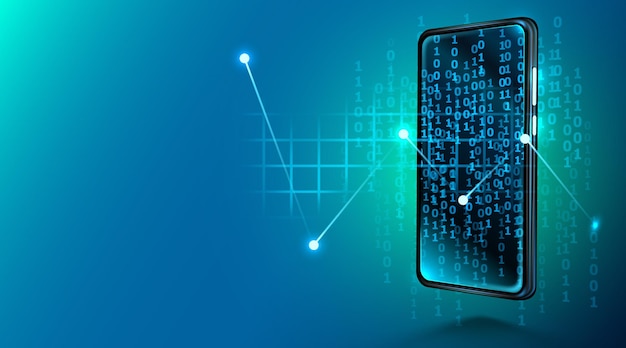 Vector digital mobile technology. device with binary code   of mobile programming