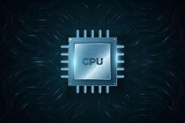 Vector digital modern microchip cpu on glowing computer circuit board or motherboard. futuristic high performance processor. database, processign concept. vector illustration