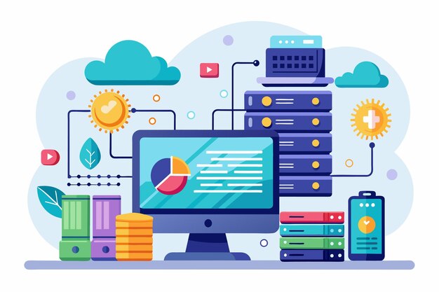 Vector a digital representation of online database storage for computer applications featuring servers charts and clouds online database storage for computer applications with flat illustration