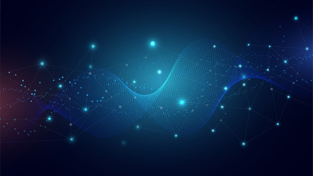 Vector digital technology background with particle dynamic wave pattern.