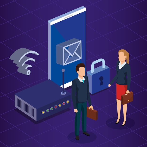 Vector digital technology with business people isometric