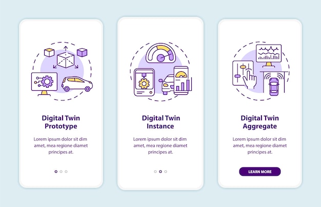 Vector digital twin types onboarding mobile app page screen. automation prototype walkthrough 3 steps graphic instructions with concepts. ui, ux, gui vector template with linear color illustrations