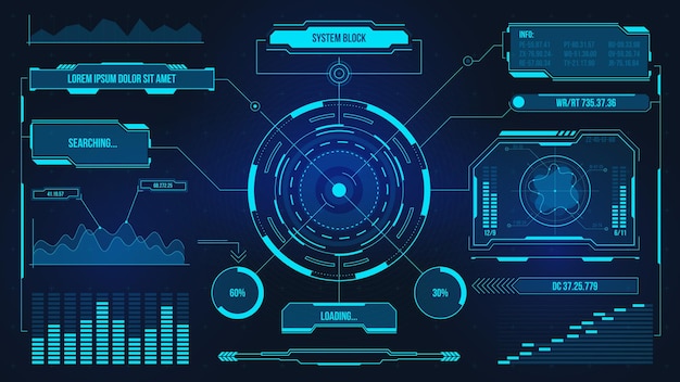 Vector digital user interface. futuristic technology ui screen. game car or spaceship dashboard. analysis or control hologram panel vector display. data chart, communication and computing