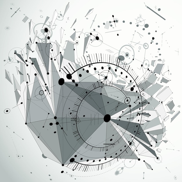 Vector dimensional mechanical scheme, black and white futuristic vector engineering drawing created with circles and connected lines. 3d cybernetic tech background made using low poly object with splinters.