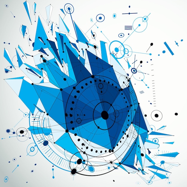 Vector dimensional mechanical scheme, blue futuristic vector engineering drawing created with circles and connected lines. 3d cybernetic tech background made using low poly object with splinters.