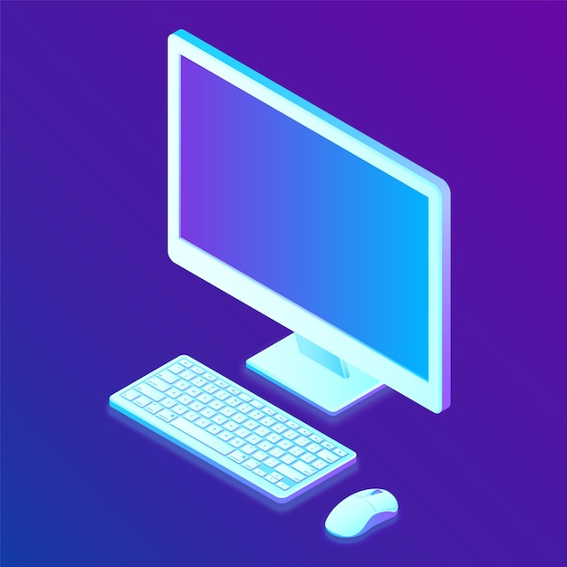 Vector display. keyboard. mouse. 3d isometric computer display with keyboard and mouse.