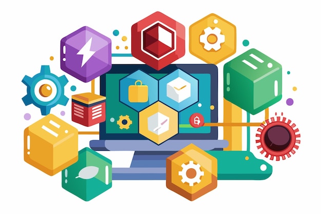 Vector the display showcases vibrant icons symbolizing customizable javascript frameworks and key tools for web development javascript frameworks customizable semi flat illustration