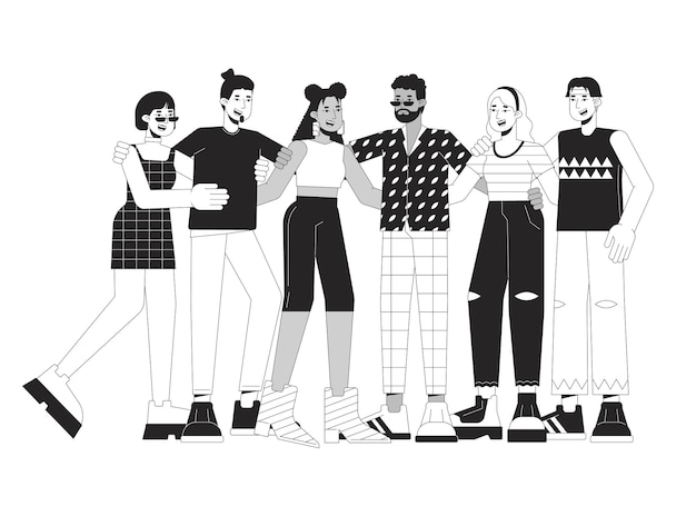 Vector diverse community bw concept vector spot illustration multinational friendly people 2d cartoon flat line monochromatic characters on white for web ui design editable isolated outline hero image