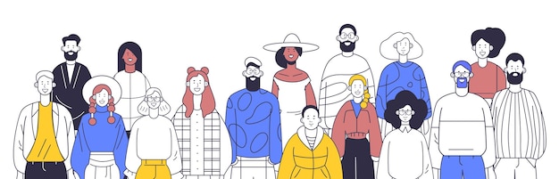 Vector diverse group of people various ages and styles standing together colorful clothing simple line art minimalistic design