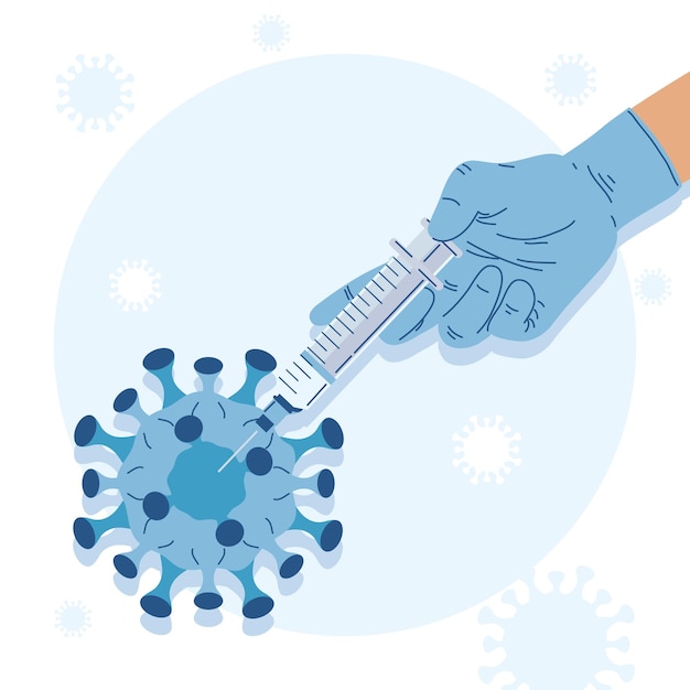 Vector doctor hand vaccinating  particle