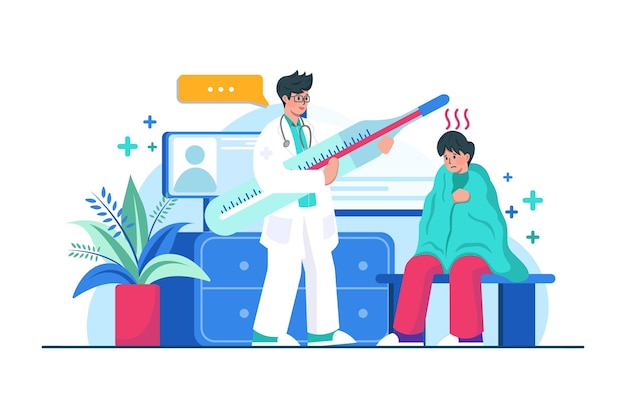 Vector doctor measuring temperature illustration concept