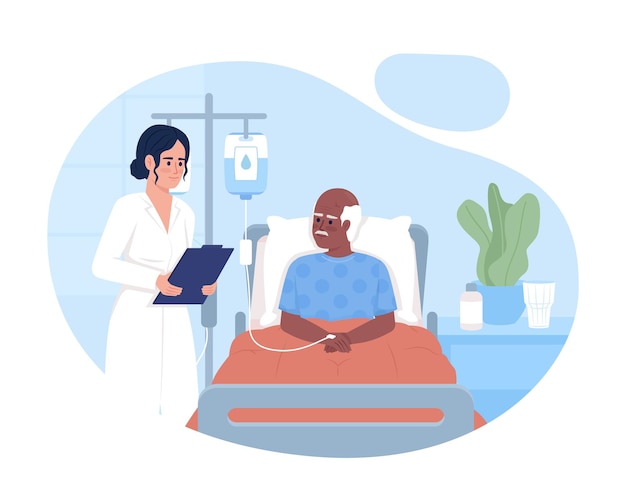 Vector doctor visiting senior patient in ward 2d vector isolated illustration