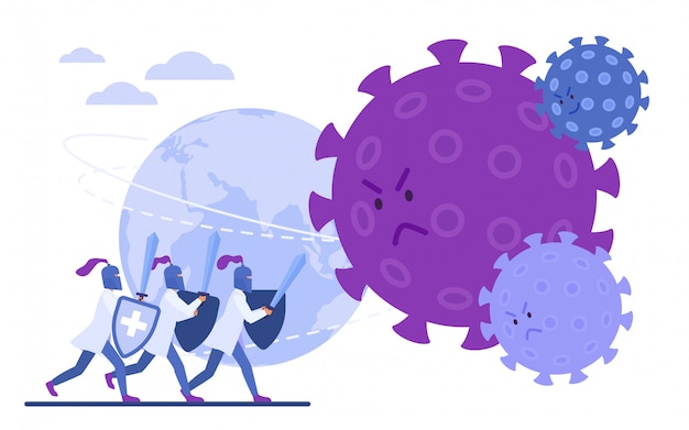 Vector doctors knights protect earth from coronavirus, covid flat  illustration concept
