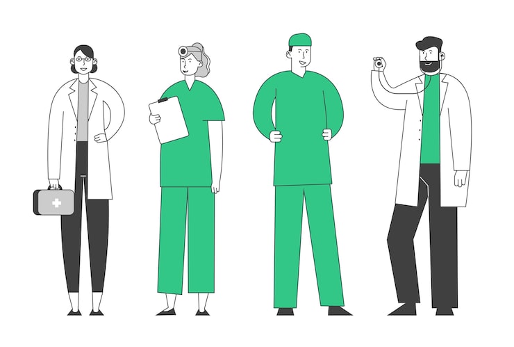 Vector doctors and nurses in robe with medical tools stand in row speaking and communicating in clinic, hospital healthcare staff at work, medicine profession, occupation,