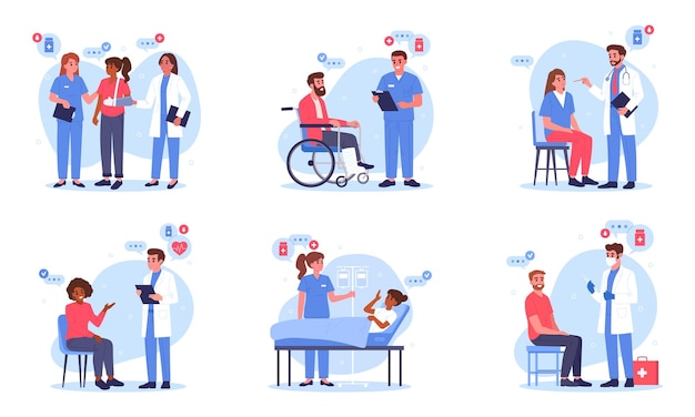 Vector doctors and patients medical staff with hospital patients doctors and nurses diagnosing and advising patients flat vector illustration set clinic professional workers with patients