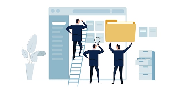 Vector document management software team organize file and folder organization corporate office paperwork