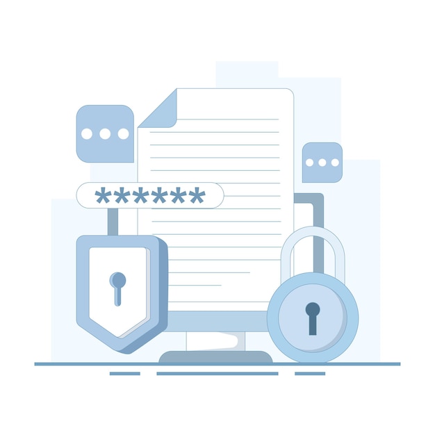 Vector document secured with password and encryption showing data privacy and access control concept