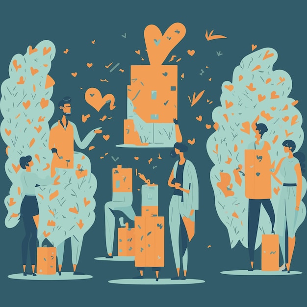 Vector donation illustration set volunteers collecting and packing used clothes in boxes for charity char