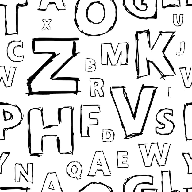 Vector doodle alphabet seamless background.  endless vector pattern with black letters on a white background.