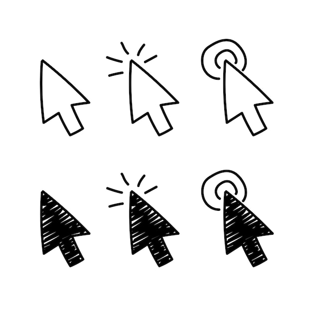 Vector doodle click set hand drawn line mouse cursor mouse cursor click tap here finger pointer sketch