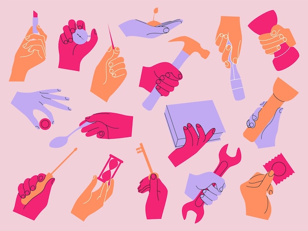 Vector doodle hands minimalistic doodle arms holding different objects hammer or wrench in fist human body stopwatch and key lipstick in fingers flower on palm vector graphic collection