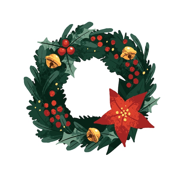 Vector door wreath design for christmas holiday festive circle decoration xmas ornament with red berries bells poinsettia flower and leaves flat vector illustration isolated on white background