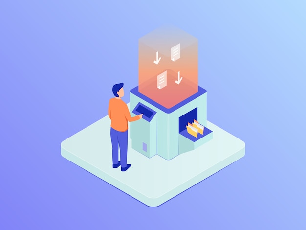 Vector download data concept with man downloading document folder on machine computer