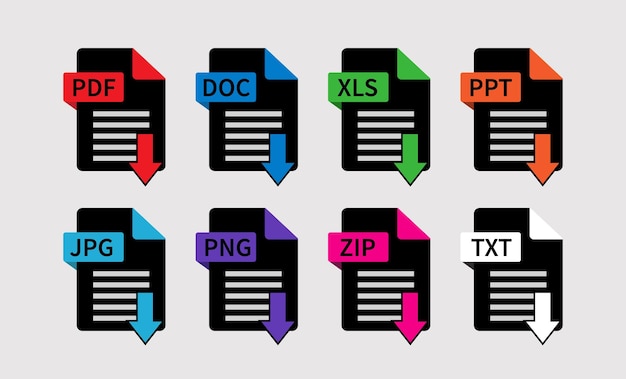 Vector download file format icons in black. black files format