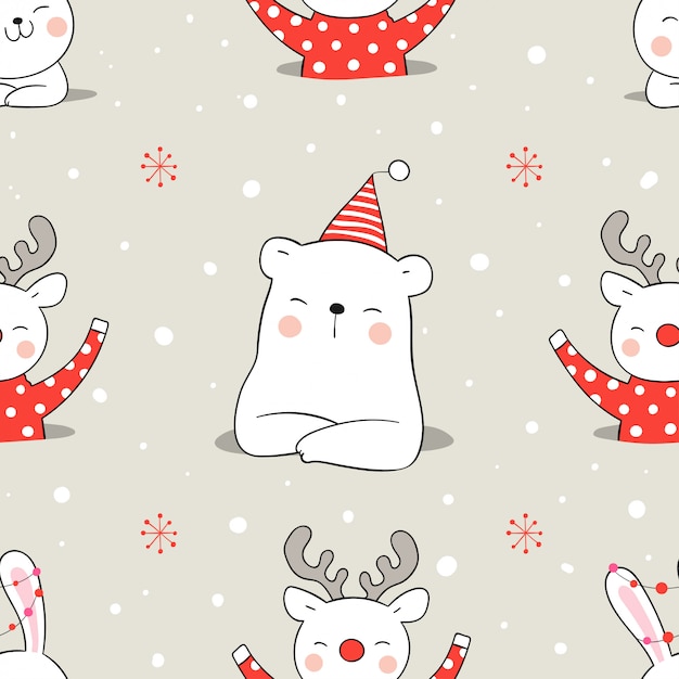 Vector draw seamless pattern animal in snow for christmas.