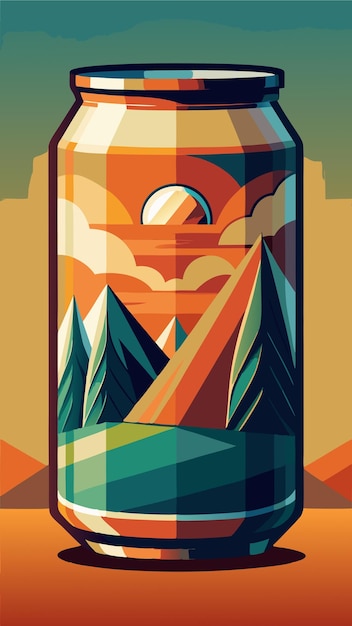 Vector a drawing of a bottle of a mountain with a red and orange background